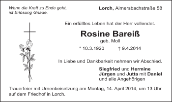 Traueranzeige von Rosine Bareiß von Gmünder Tagespost