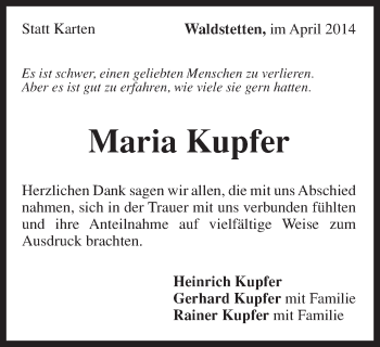 Traueranzeige von Maria Kupfer von OstalbTrauer