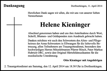 Traueranzeige von Helene Kieninger von OstalbTrauer