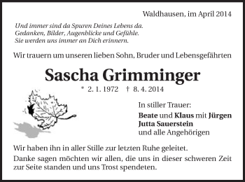 Traueranzeige von Sascha Grimminger von Schwäbische Post