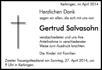 Traueranzeige von Gertrud Salvasohn von Schwäbische Post