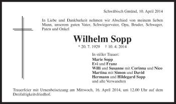 Traueranzeige von Wilhelm Sopp von Gmünder Tagespost