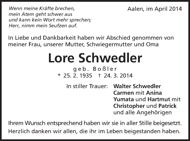  Traueranzeige für Lore Schwedler vom 15.04.2014 aus Schwäbische Post