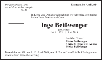 Traueranzeige von Inge Beißwenger von Schwäbische Post