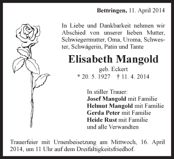 Traueranzeige von Elisabeth Mangold von Gmünder Tagespost