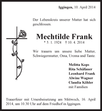 Traueranzeige von Mechtilde Frank von Gmünder Tagespost