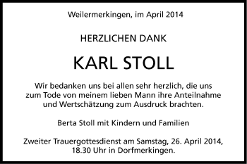 Traueranzeige von Karl Stoll von Schwäbische Post