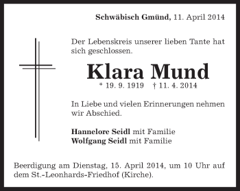 Traueranzeige von Klara Mund von Gmünder Tagespost