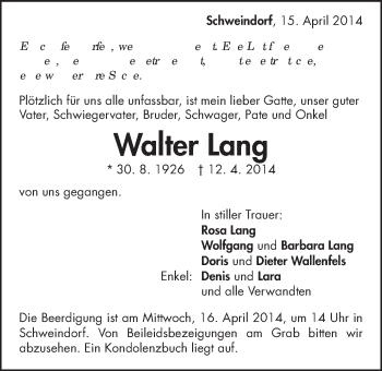 Traueranzeige von Walter Lang von Schwäbische Post