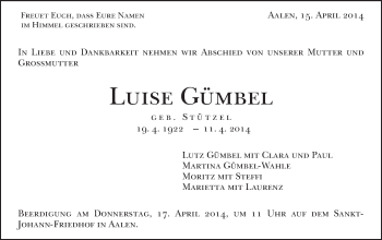 Traueranzeige von Luise Gümbel von Schwäbische Post
