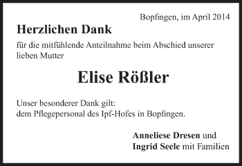 Traueranzeige von Elise Rößler von Schwäbische Post