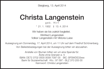 Traueranzeige von Christa Langenstein von Schwäbische Post