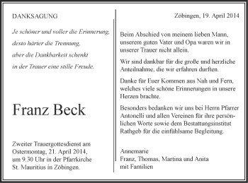 Traueranzeige von Franz Beck von Schwäbische Post