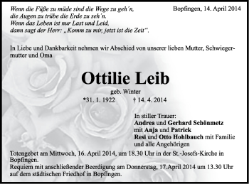 Traueranzeige von Ottilie Leib von Schwäbische Post