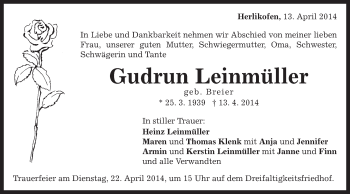 Traueranzeige von Gudrun Leinmüller von Gmünder Tagespost