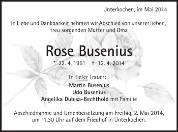 Traueranzeige von Rose Busenius von Schwäbische Post