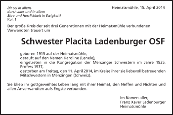 Traueranzeige von Placita Ladenburger von Schwäbische Post