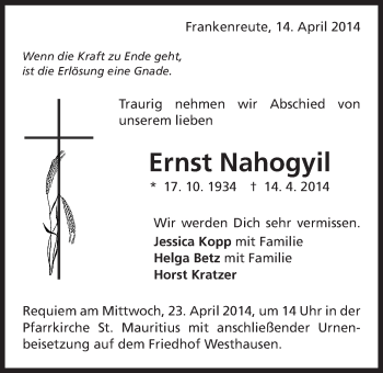 Traueranzeige von Ernst Nahogyil von Schwäbische Post