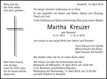 Traueranzeige von Martha Kreuzer von Gmünder Tagespost