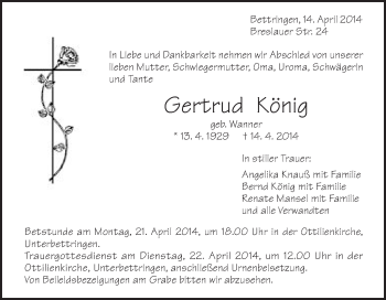 Traueranzeige von Gertrud König von Gmünder Tagespost