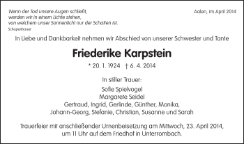 Traueranzeige von Friederike Karpstein von Schwäbische Post