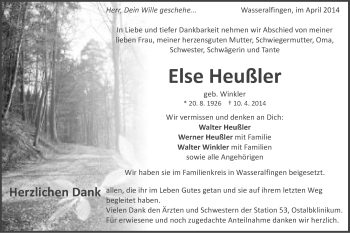 Traueranzeige von Else Heußler von Schwäbische Post