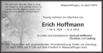 Traueranzeige von Erich Hoffmann von Schwäbische Post