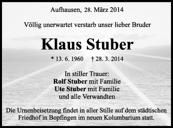 Traueranzeige von Klaus Stuber von Schwäbische Post