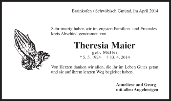 Traueranzeige von Theresia Maier von Gmünder Tagespost