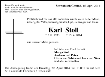 Traueranzeige von Karl Stoll von Gmünder Tagespost