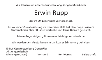 Traueranzeige von Erwin Rupp von Schwäbische Post