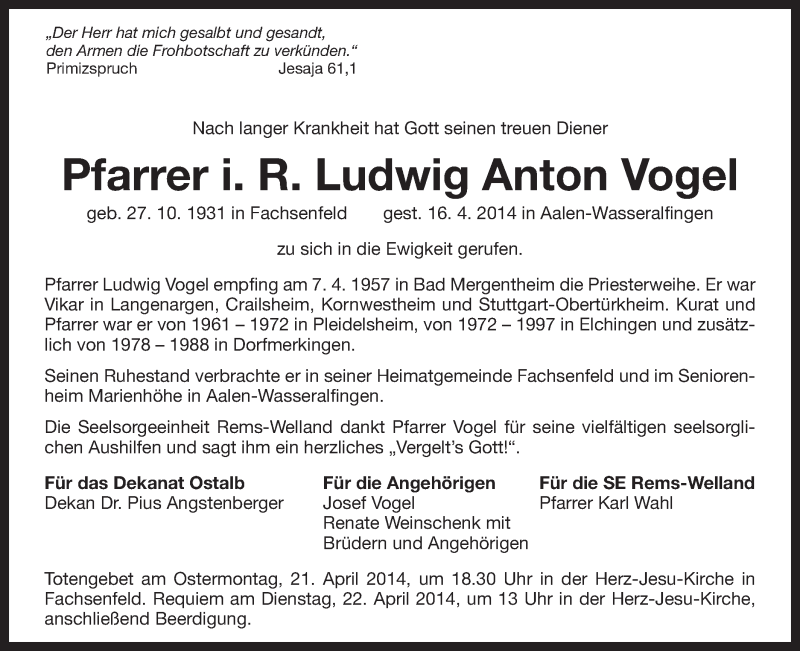  Traueranzeige für Ludwig Anton Vogel vom 19.04.2014 aus Schwäbische Post