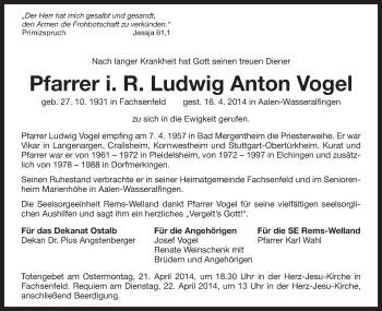 Traueranzeige von Ludwig Anton Vogel von Schwäbische Post