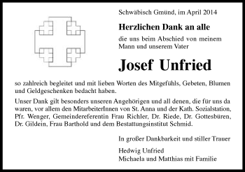 Traueranzeige von Josef Unfried von Gmünder Tagespost