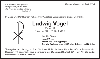 Traueranzeige von Ludwig Anton Vogel von Schwäbische Post