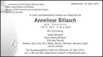 Traueranzeige von Anneliese Billasch von Schwäbische Post