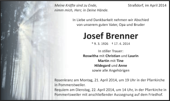 Traueranzeige von Josef Brenner von Schwäbische Post