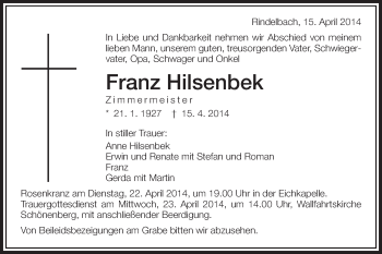 Traueranzeige von Franz Hilsenbek von Schwäbische Post