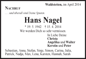 Traueranzeige von Hans Nagel von Gmünder Tagespost