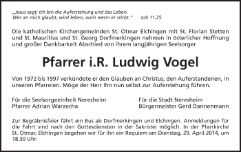 Traueranzeige von Ludwig Anton Vogel von Schwäbische Post