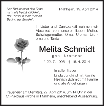 Traueranzeige von Melita Schmidt von Schwäbische Post
