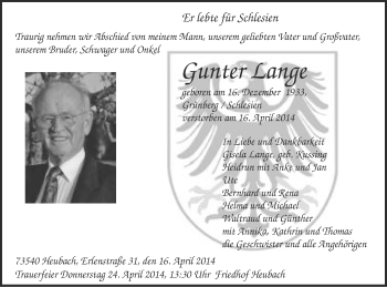 Traueranzeige von Gunter Lange von Gmünder Tagespost