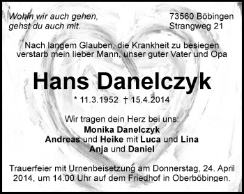 Traueranzeige von Hans Danelczyk von Gmünder Tagespost