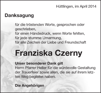 Traueranzeige von Franziska Czerny von Schwäbische Post