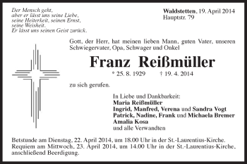 Traueranzeige von Franz Reißmüller von Gmünder Tagespost