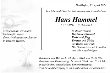 Traueranzeige von Hans Hammel von Gmünder Tagespost