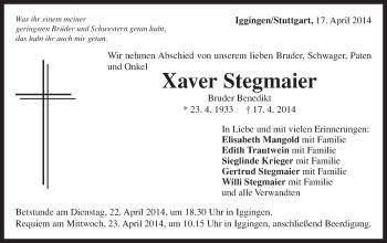 Traueranzeige von Xaver Stegmaier von Gmünder Tagespost