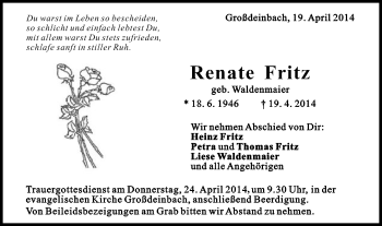 Traueranzeige von Renate Fritz von Gmünder Tagespost