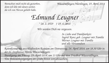 Traueranzeige von Edmund Leugner von Schwäbische Post