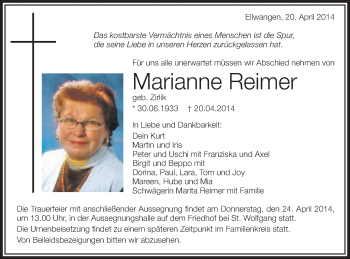 Traueranzeige von Marianne Reimer von Schwäbische Post
